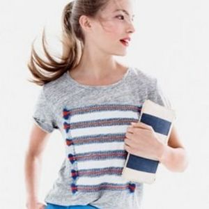 J. Crew Grey Linen Embroidered Tassel T-shirt